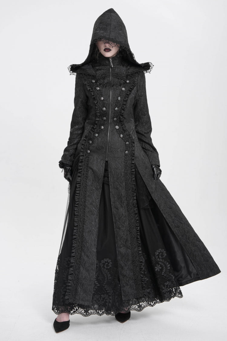 Black Stand Collar Long Sleeves Ruffle Hooded Women's Gothic Long Coat