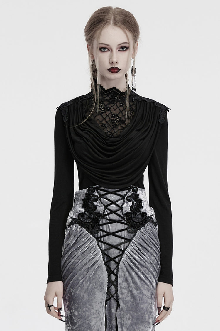 Black Long Sleeves Cowl Neck Stitching Lace Women's Gothic Blouse