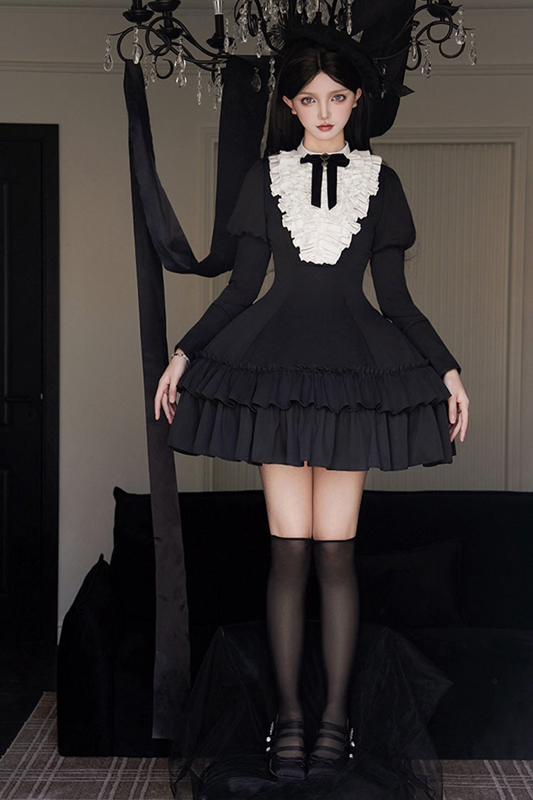 Black [Miss Weir] Stand Collar Long Sleeves Double-Layered Ruffle Gothic Lolita Dress