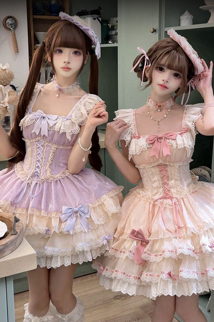 パープル [Flory Butterfly] ダブルレイヤード ラッフル ボウノット レース レースアップ スイート バレエ ロリータ Jsk ドレス 