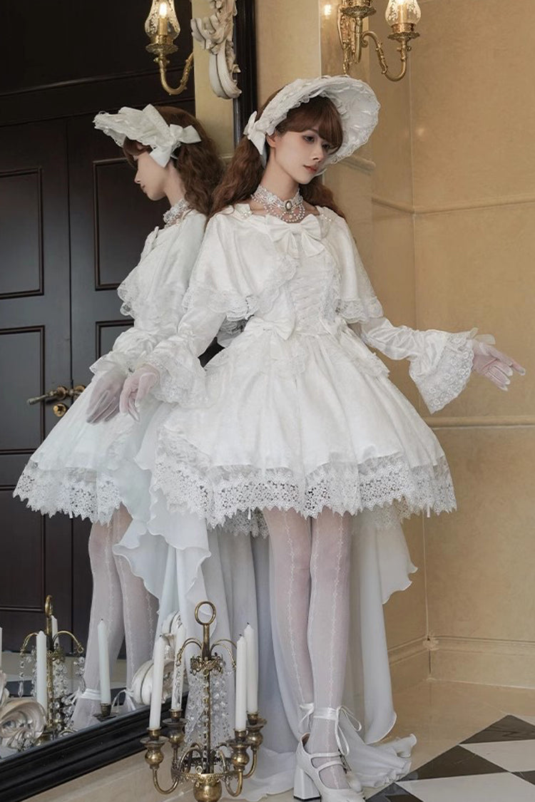 White [Cherish] Long Trumpet Sleeves Ruffle Hanayome Bowknot Lace-Up Sweet Lolita Dress