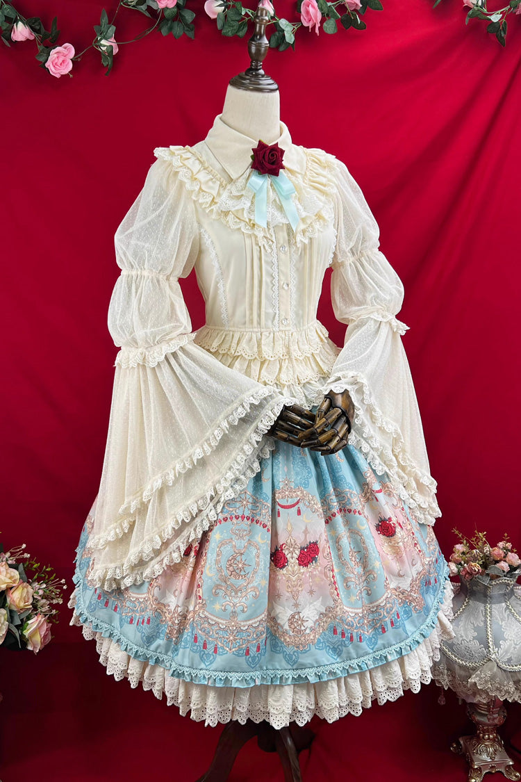 Blue [Moonlit Garden Secret] Print Ruffle Embroidery Lace Sweet Elegant Palace Lolita Skirt