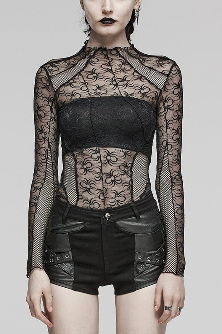 Schwarze langärmlige, hohle Nähte, unregelmäßige Steampunk-Bluse für Damen