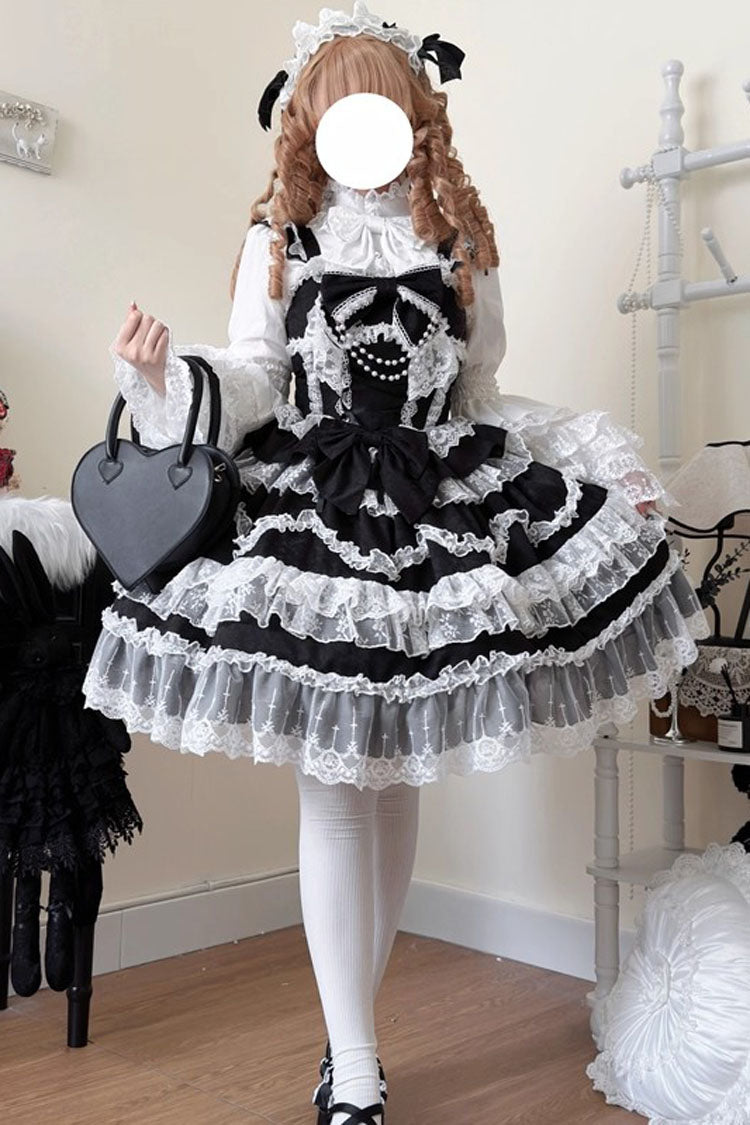Black [Love and Heart Flutter] Sleeveless Multi-Layered Ruffle Bowknot Lace Pearl Sweet Lolita Jsk Dress