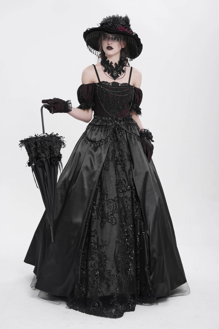 Robe gothique pour femme en dentelle avec cardigan jacquard à manches courtes et épaules dénudées noire 
