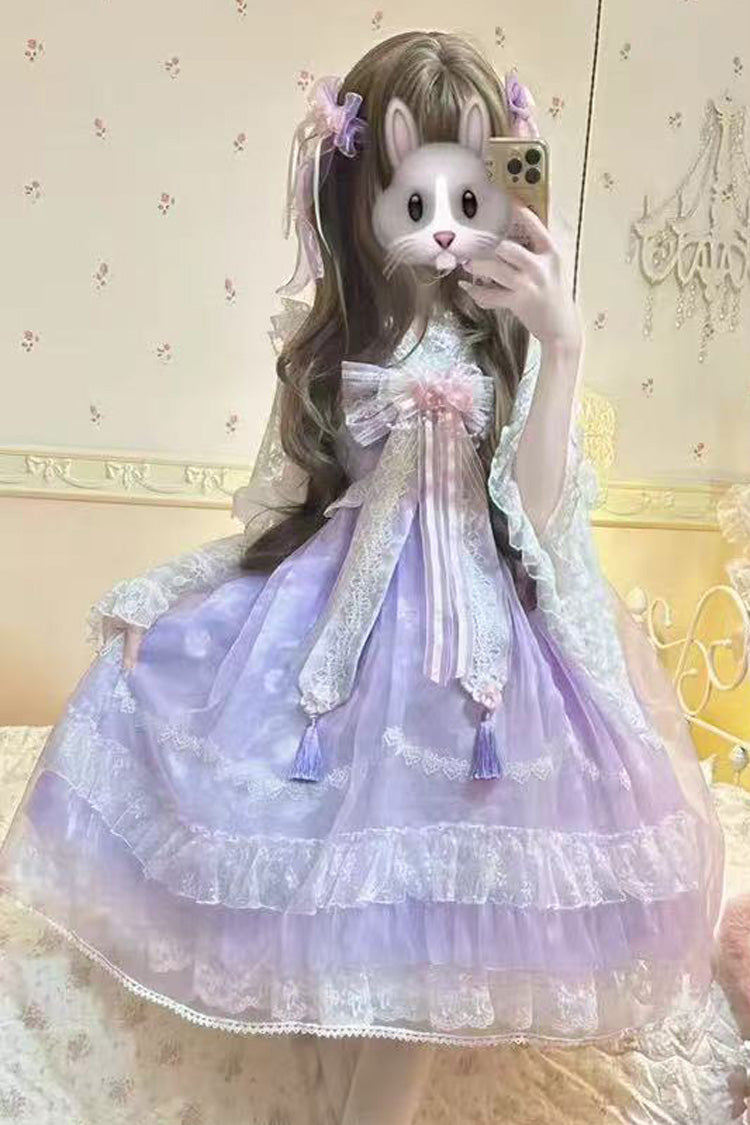 [Peach Blossoms in Spring Fields] Sleeveless Ruffle Bowknot Lace Sweet Chinese Style Lolita Jsk Dress 3 Colors