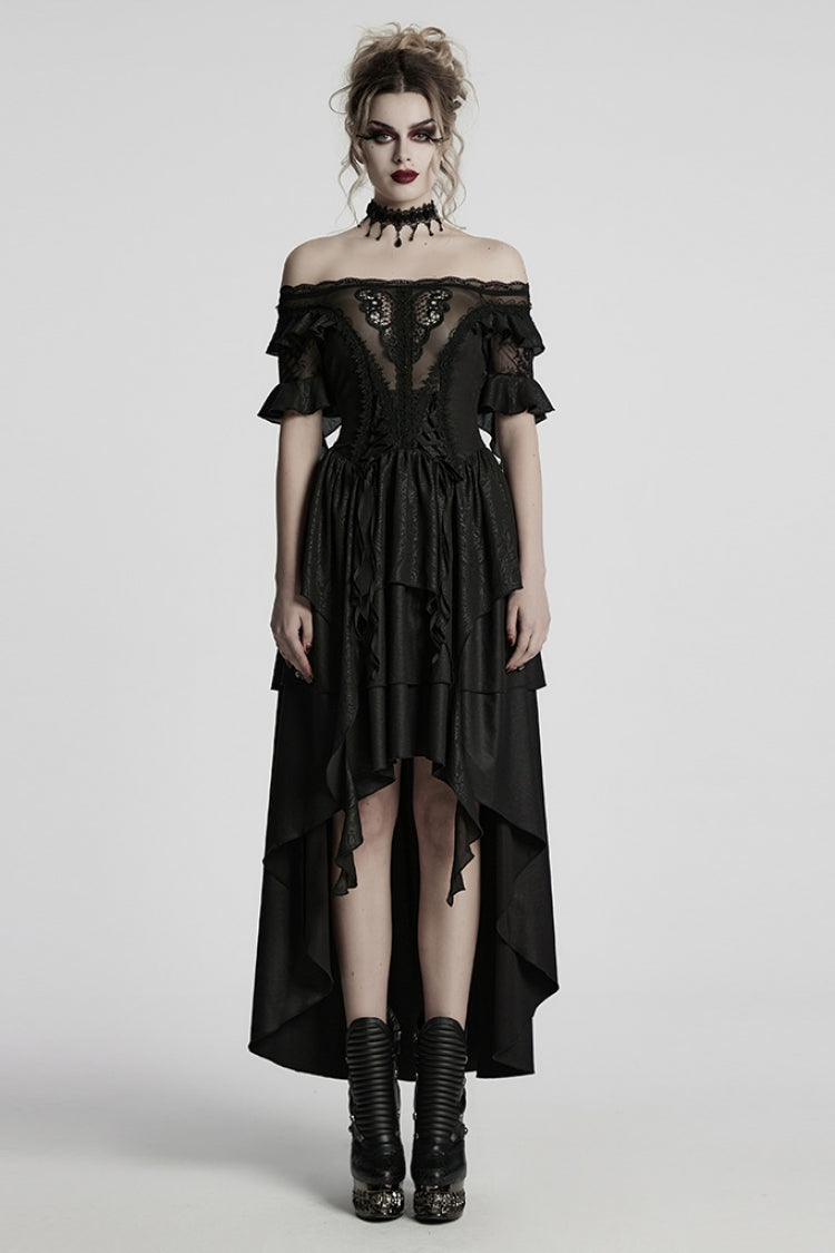 Black Off Shoulder Ruffle Sheer Women's Gothic High/low Prom Dress