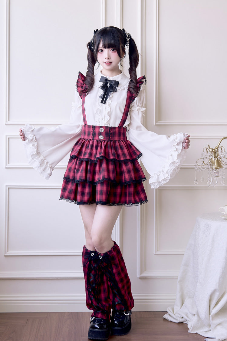 Red Triple-Layered Plaid Print Ruffle Gothic Jirai Kei Japanese Strap Dress