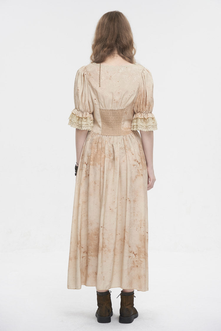 Apricot Plunging Puff Sleeved High Waisted Lace Hem Long Women's Punk Dress