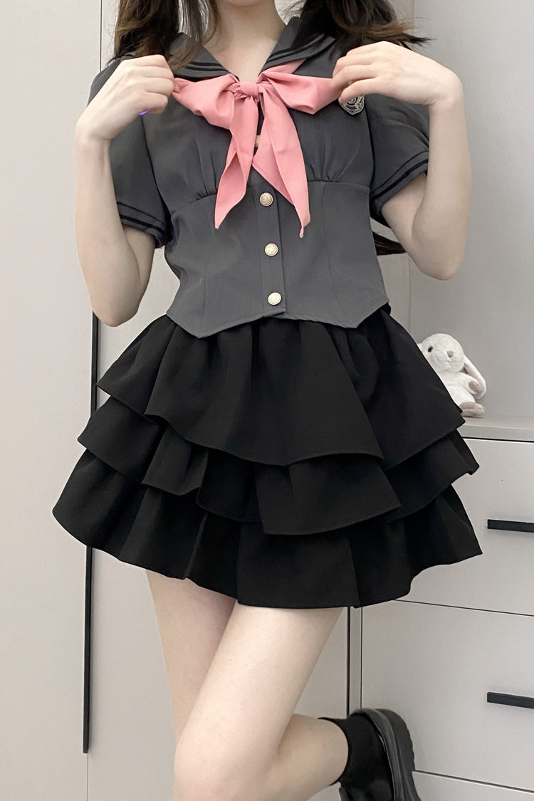 Short Sleeves Multi-layer Ruffle Bowknot Sweet College Style Japanese School Skirt Set 4 Colors