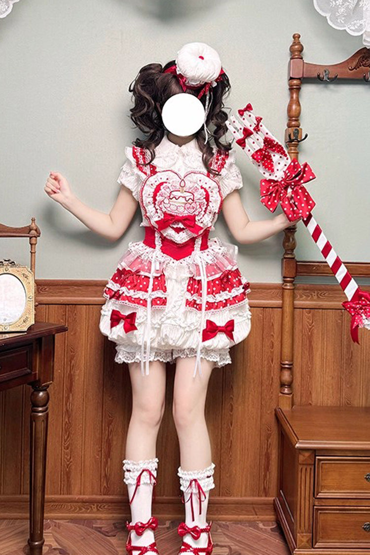 Red/White [Twin Bears] Birthday Cake Sleeveless Print Ruffle Bowknot Lace Sweet Lolita Small Flower Bud Dress
