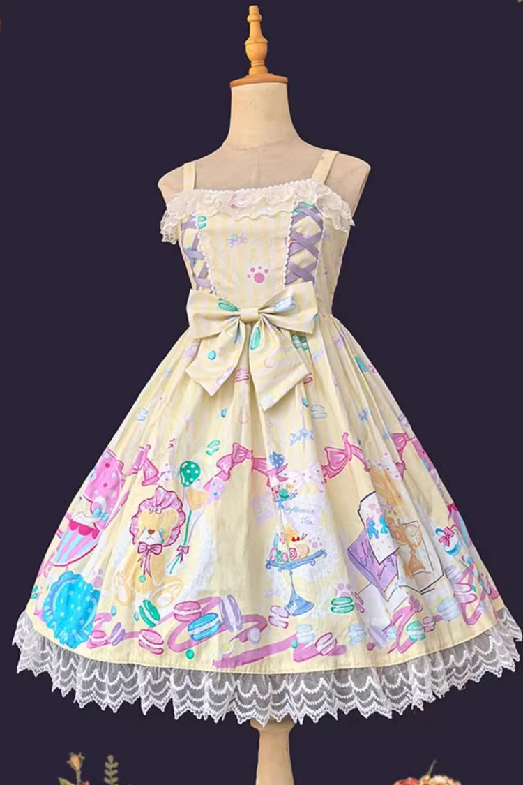 [Macaron Dolly House] Robe Jsk Lolita douce sans manches avec imprimé, nœud et lacets 3 couleurs 