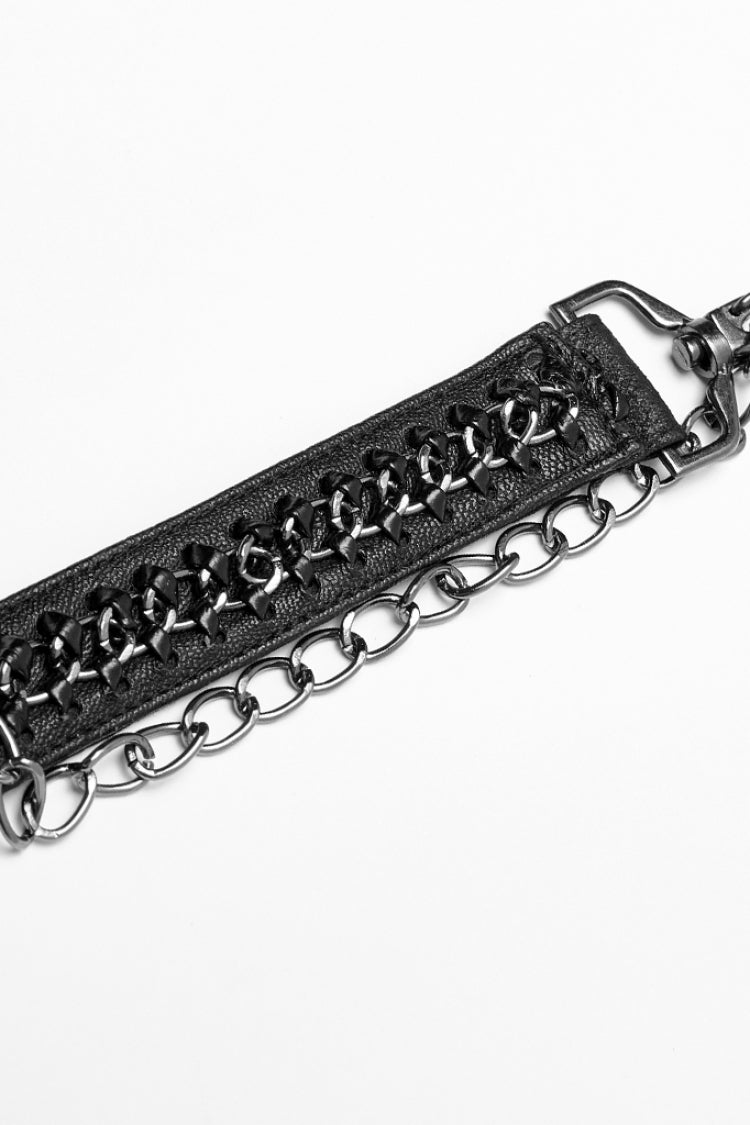 Schwarzer Stehkragen Ärmelloser Metallschnalle Lederband Damen Gothic Mantel