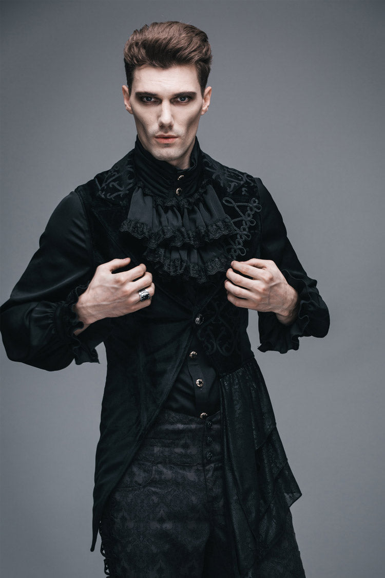 Black Spun Velvet Chinese Frog Button Floral Spiral Pattern Asymmetrical Hem Lace Up Men's Gothic Waistcoat