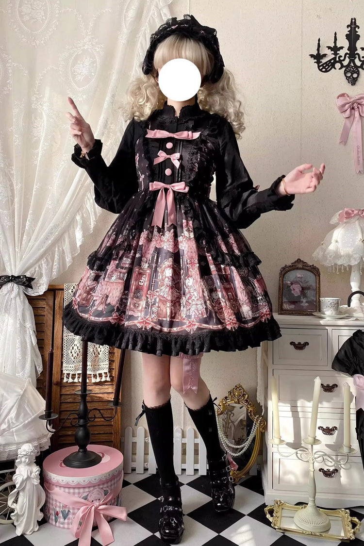 Black [The Case of the Missing Lamb] Print Ruffle Bowknot Lace Gothic Lolita Jsk Dress