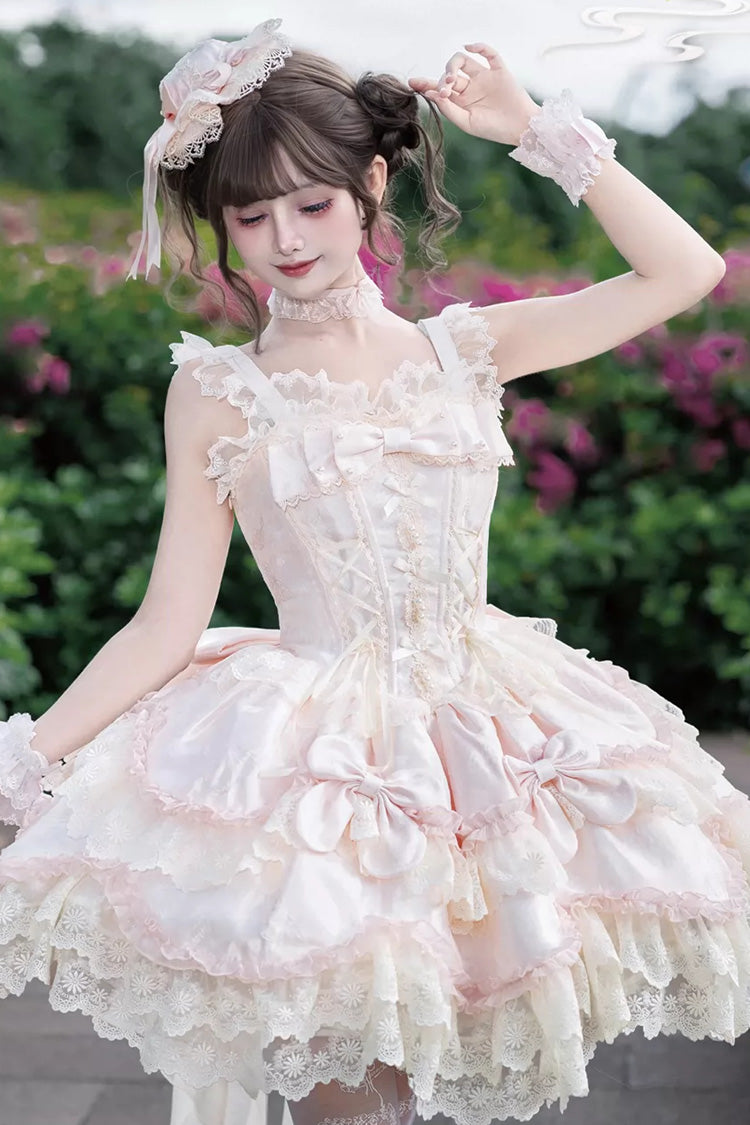 Rosa [Realm of Sea Moon] Ärmelloses, mehrschichtiges Jacquard-Kleid mit gerüschter Schleife, Spitze und Schnürung, quadratischem Kragen, süßes Lolita-JSK-Kleid