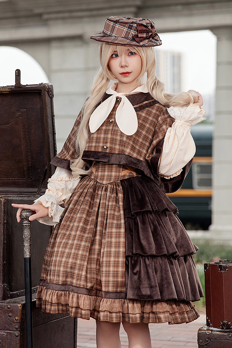 Brown [Morning Tune] Sleeveless High Waisted Print Ruffle Asymmetric Sweet Lolita Strap Dress