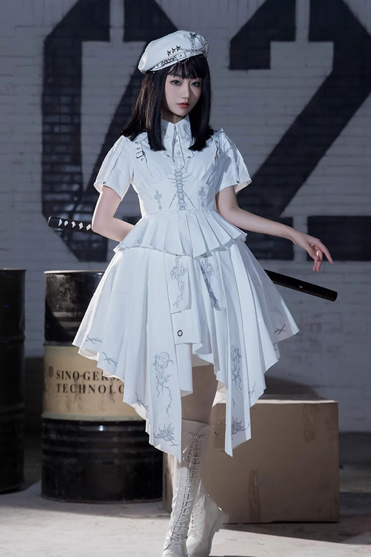 White Travelling Thorns Short Sleeves Print Gothic Elegant Lolita Dress