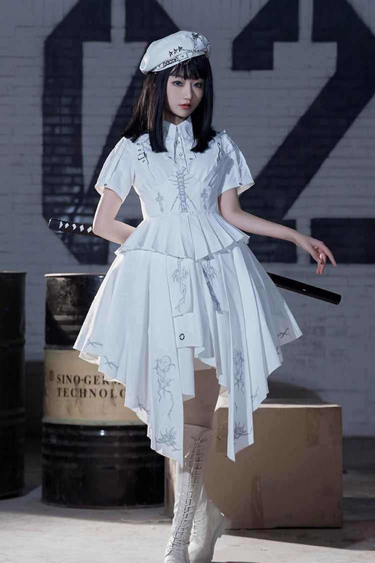 Weißes, kurzärmliges Lolita-Kleid mit Print im Gothic-Stil von Travelling Thorns