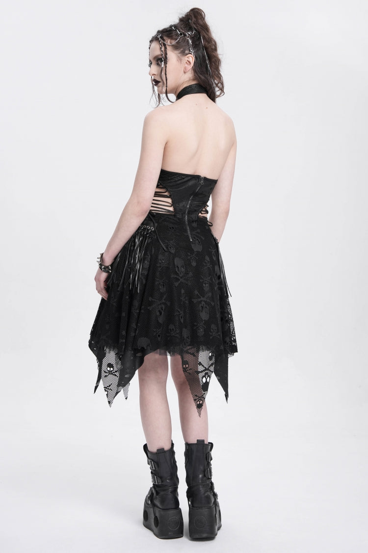 Black Halterneck Sleeveless Skull Print Irregular Women's Punk Dress