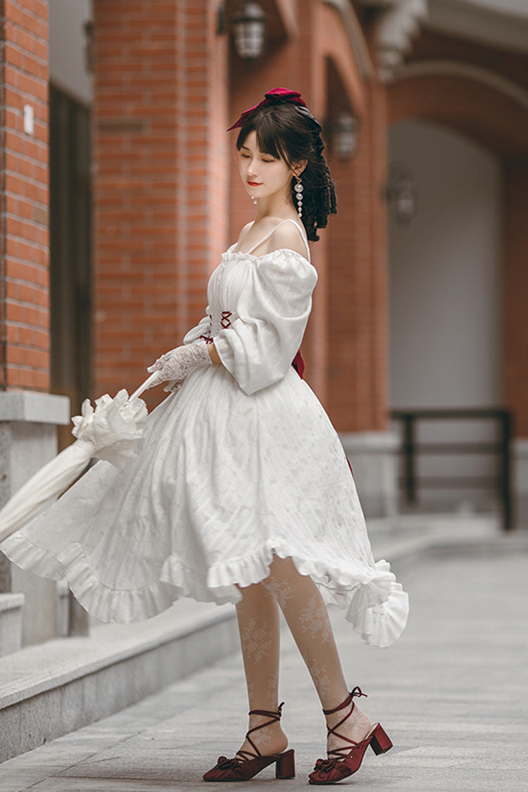 White Roman Covenant Boat Neck Long Sleeves Ruffle Classic Lolita Dress