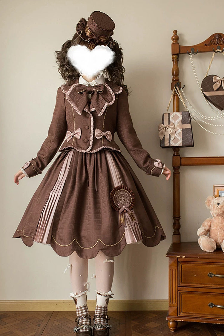 Robe et jupe Lolita Jsk classiques à lacets et nœud brodé imprimé marron [Teddy Chocolate Bar]