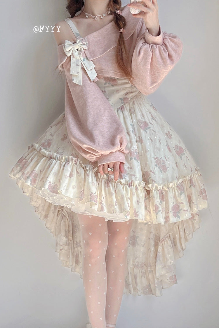 Rosa Lolita JSK Kleid Set mit schrägen Schultern, Rüschen, Schleife und Spitze