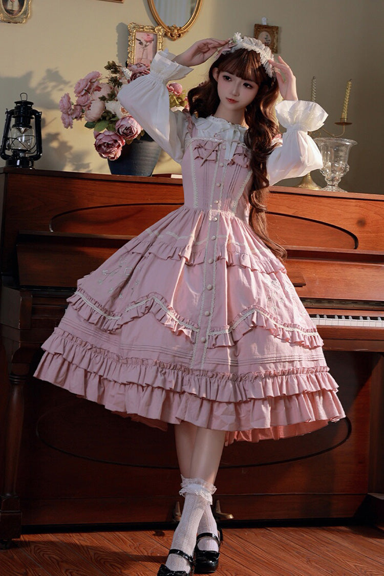 Pink Pastoral Style Double-Layered Ruffle Embroidery Sweet Lolita Jsk Dress