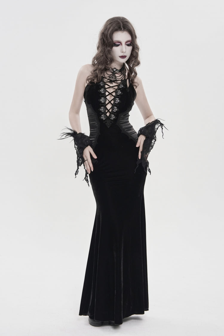 Robe gothique Jsk noire à épaules dénudées, sans manches, à lacets épissés, Slim plissée, pour femmes
