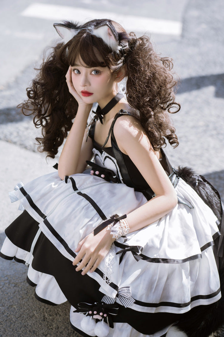 Black/White [Cat Fist] Triple-Layered Ruffle Bowknot Sweet Lolita Jsk Dress