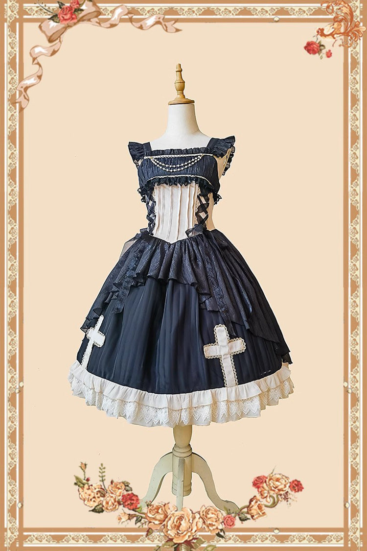 Black Eternal Life Song Print Cross Embroidery Sleeveless Ruffle Gothic Lolita Dress