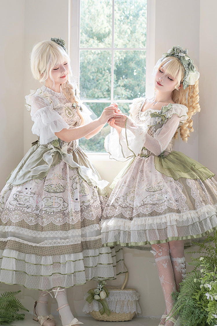 Green [Teacup Rabbit] Multi-Layered Print Ruffle Embroidery Bowknot Lace Asymmetric Sweet Elegant Lolita Jsk Dress