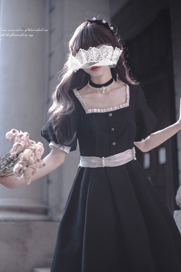 Black [Random Thoughts] Square Collar Short Sleeves Ruffle Classic Vintage Elegant Lolita Dress