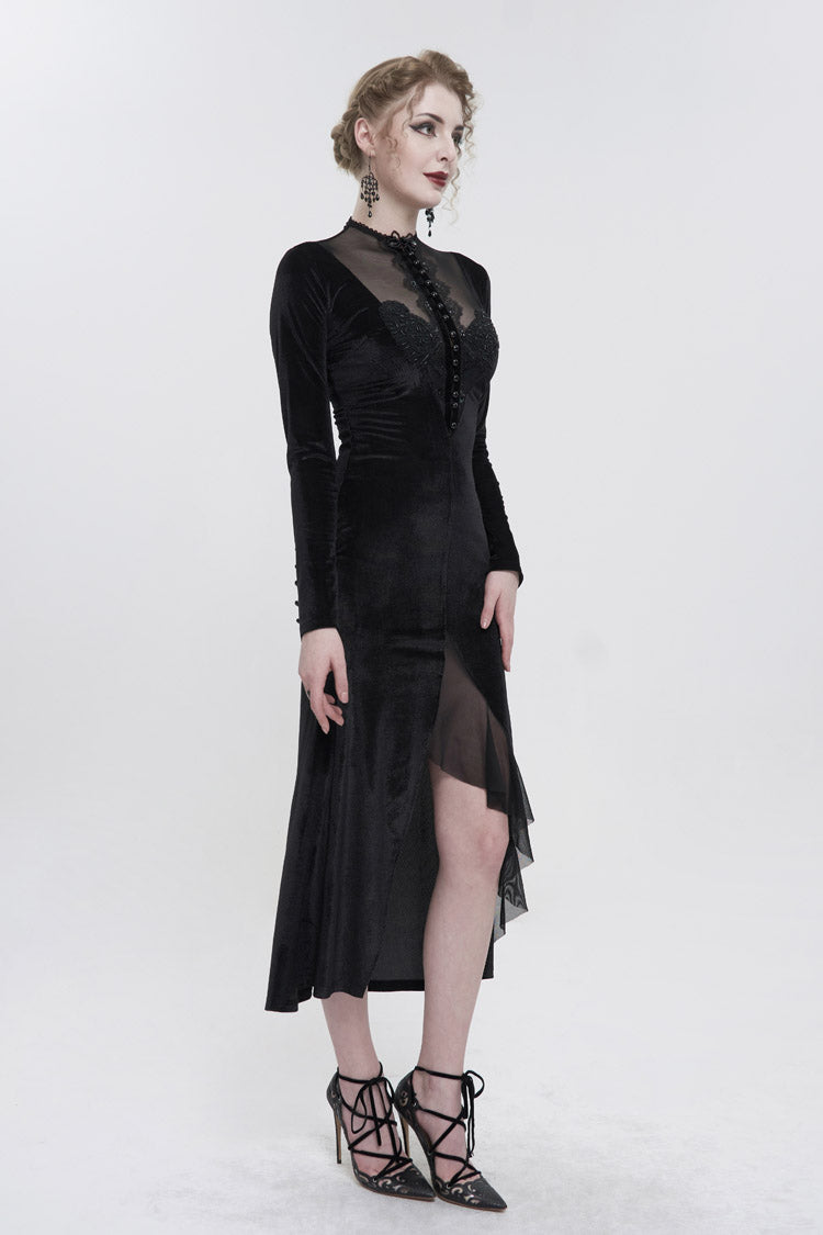 Black Small Stand Collar Cashew Paisley Lace On Chest Mesh Paneled Asymmetrical Hem Long Sleeve Women's Gothic Dress