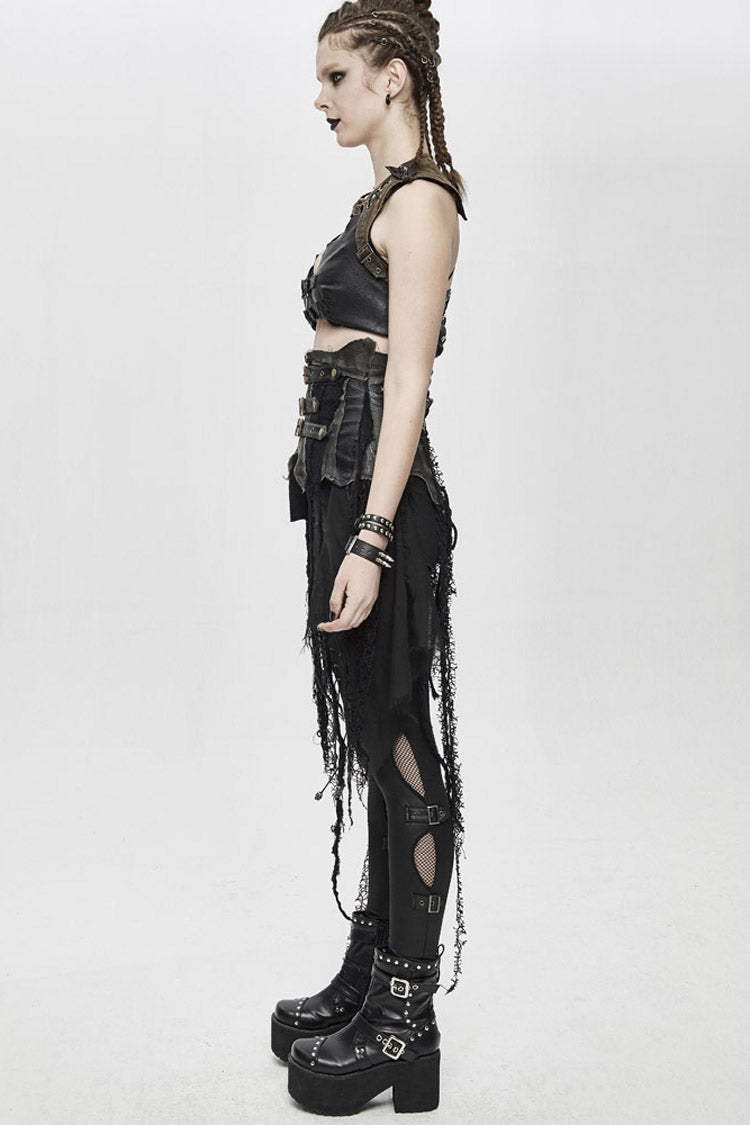 Black Vintage Leather Patchwork Distressed Belted Irregularly Lace Hem Women's Punk Half Skirt