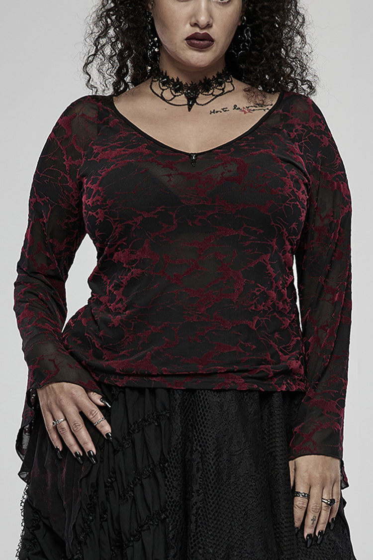 Rotes V-Ausschnitt-Stretch-Netzgewebe mit abstraktem Musterdesign und ausgestellten Bündchen, Gothic-T-Shirt für Damen in Übergröße