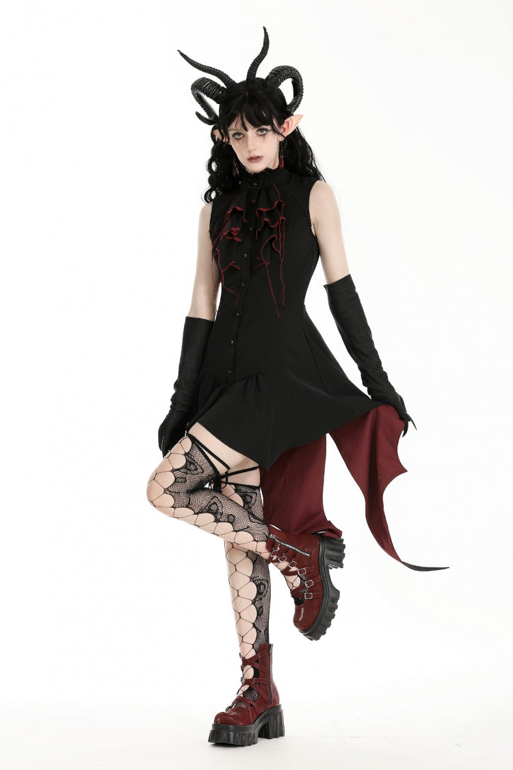 Robe gothique à volants pour femmes, couleur contrastée, noir/rouge, col montant, Jabot, sans manches, robe queue d'halloween