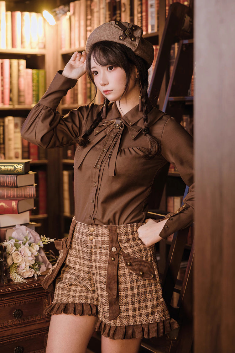 Brown Lapel Collar Long Sleeves Bowknot Vintage Ouji Lolita Blouse