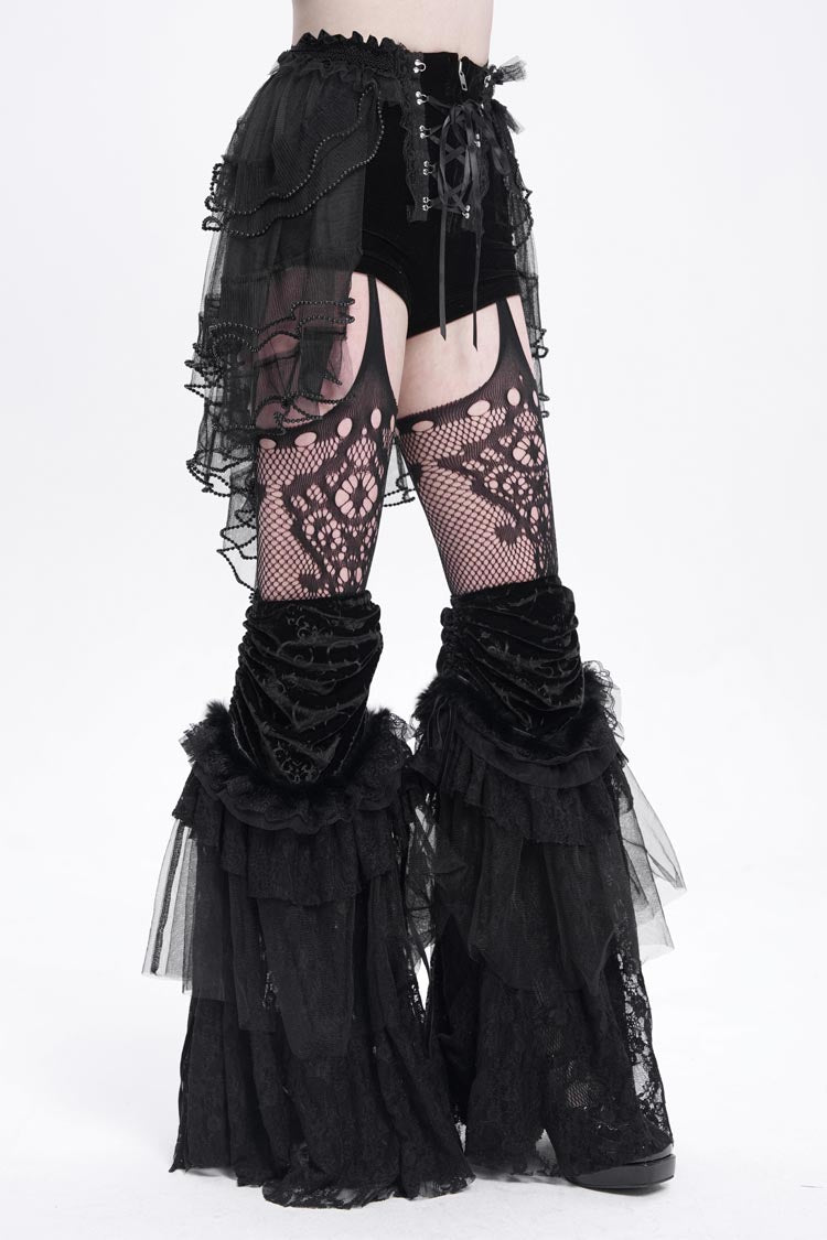 Black Ruffle Stitching Lace-Up Mesh Women's Gothic Shorts