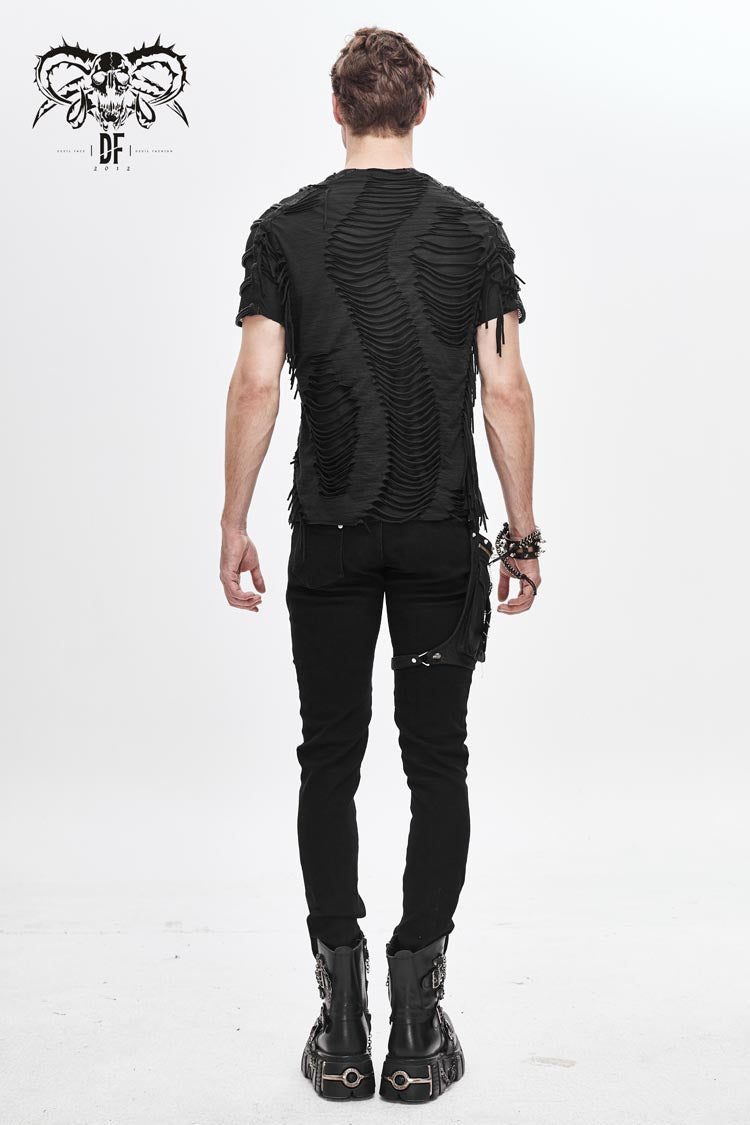 Black Tattered Striped Shoulder Splice Mesh Short Sleeve Men's Punk T-Shirt