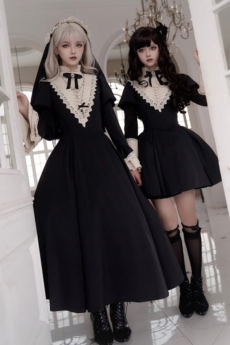 Black [Letters and Poems·Nocturne] Nun Long Sleeves Ruffle Gothic Lolita Short Dress