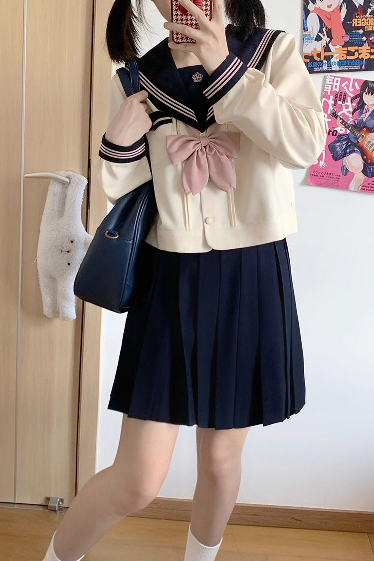 Dark Blue/Ivory Sailor Collar Long Sleeves Sweet Japanese School Skirt Set