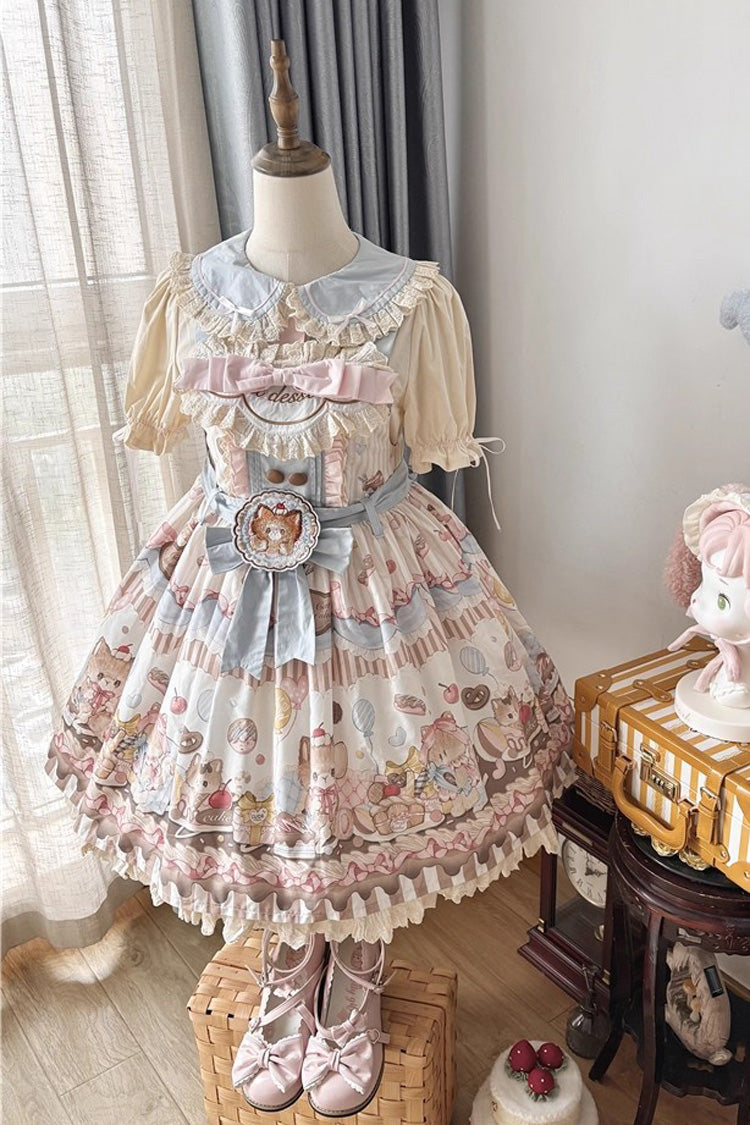 Multi-Color Sleeveless [Cat Dessert] Print Ruffle Bowknot Lace Sweet Japanese Lolita Strap Dress