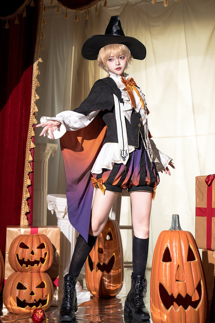 Black/Brown [Little Devil] Stand Collar Long Sleeves Gradient Print Ruffle Bowknot Gothic Prince Ouji Lolita Set