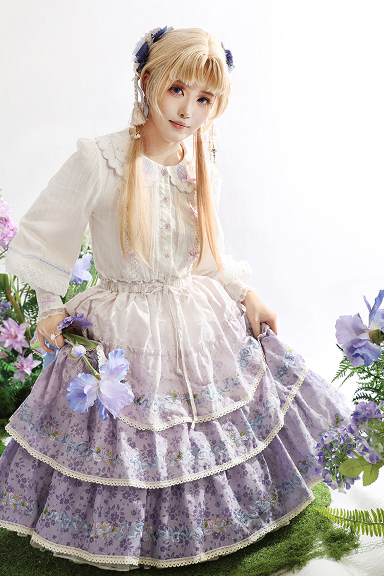 Purple [Moonlight Iris] Triple-Layered Print Ruffle Embroidery Lace Sweet Lolita Skirt