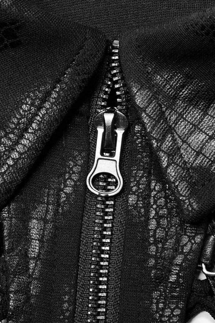 Lapel Collar Long Sleeves Print Hollow Irregular Metal Decorative Zipper Womens Steampunk Coat 2 Colors