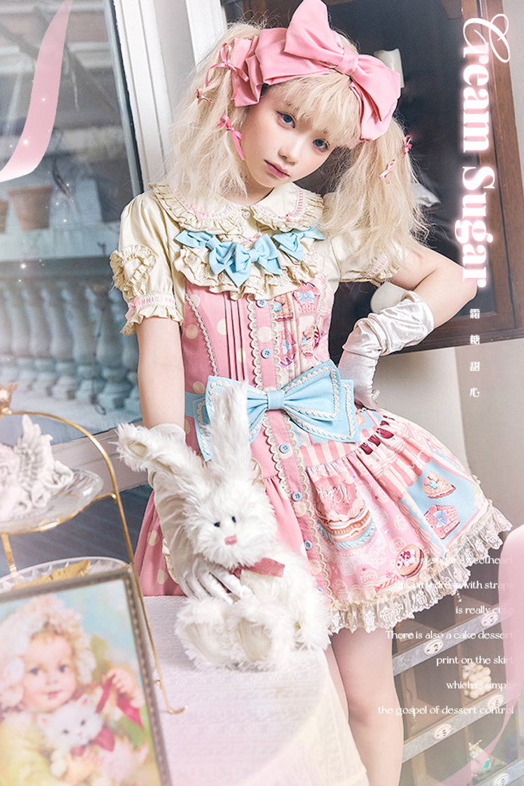 Pink Cake Chocolate Dessert Print Ruffle Bowknot Sweet Lolita Strap Dress