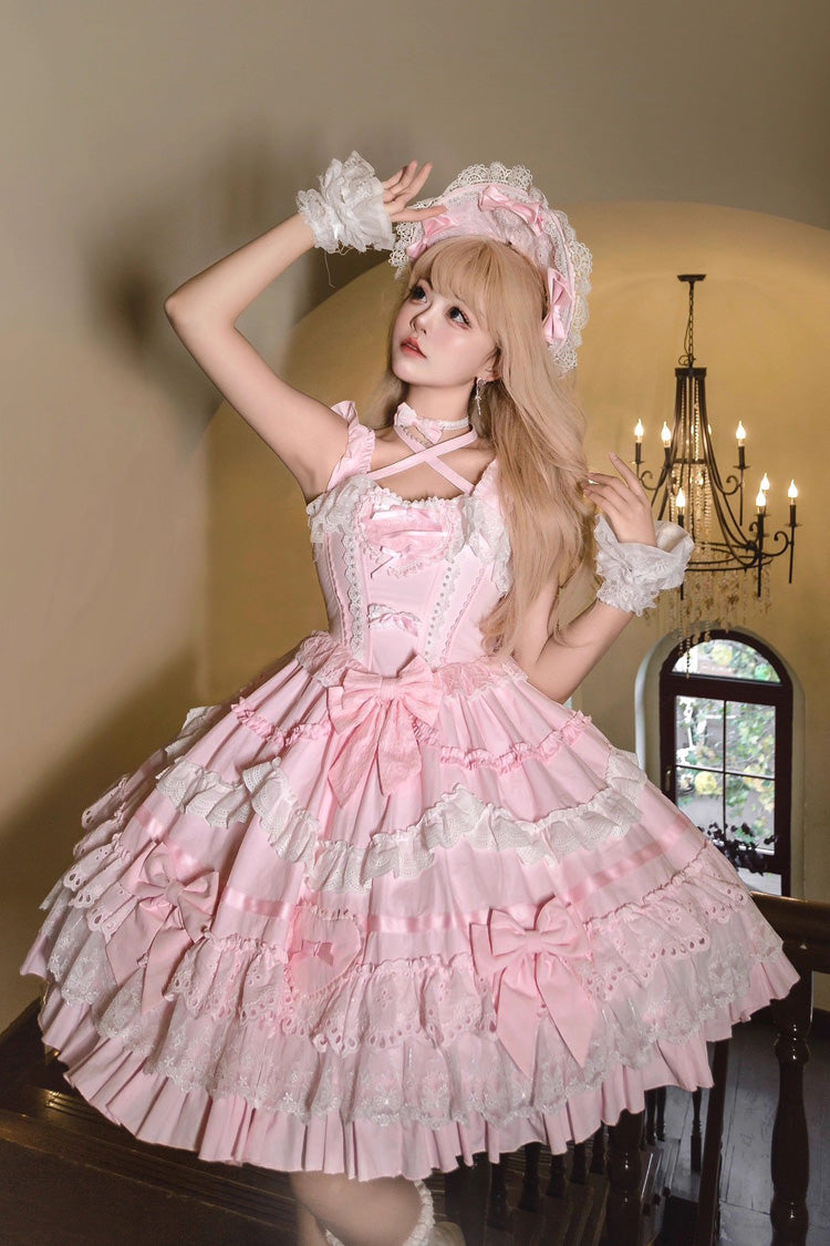 Robe Lolita Jsk élégante et douce en dentelle avec nœud papillon à volants à trois couches sans manches [Super Cute Belia] rose 