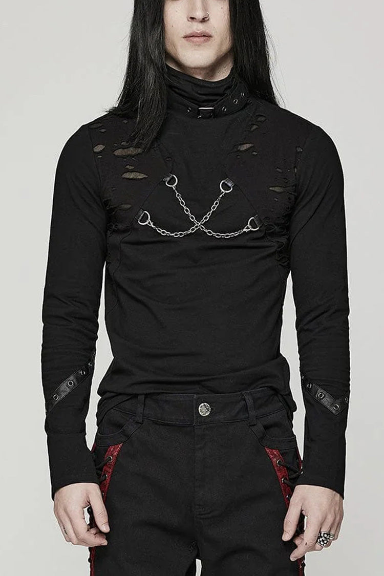 Black Stand Collar Long Sleeves Ripped Metal Chain Mens Steampunk T-Shirt