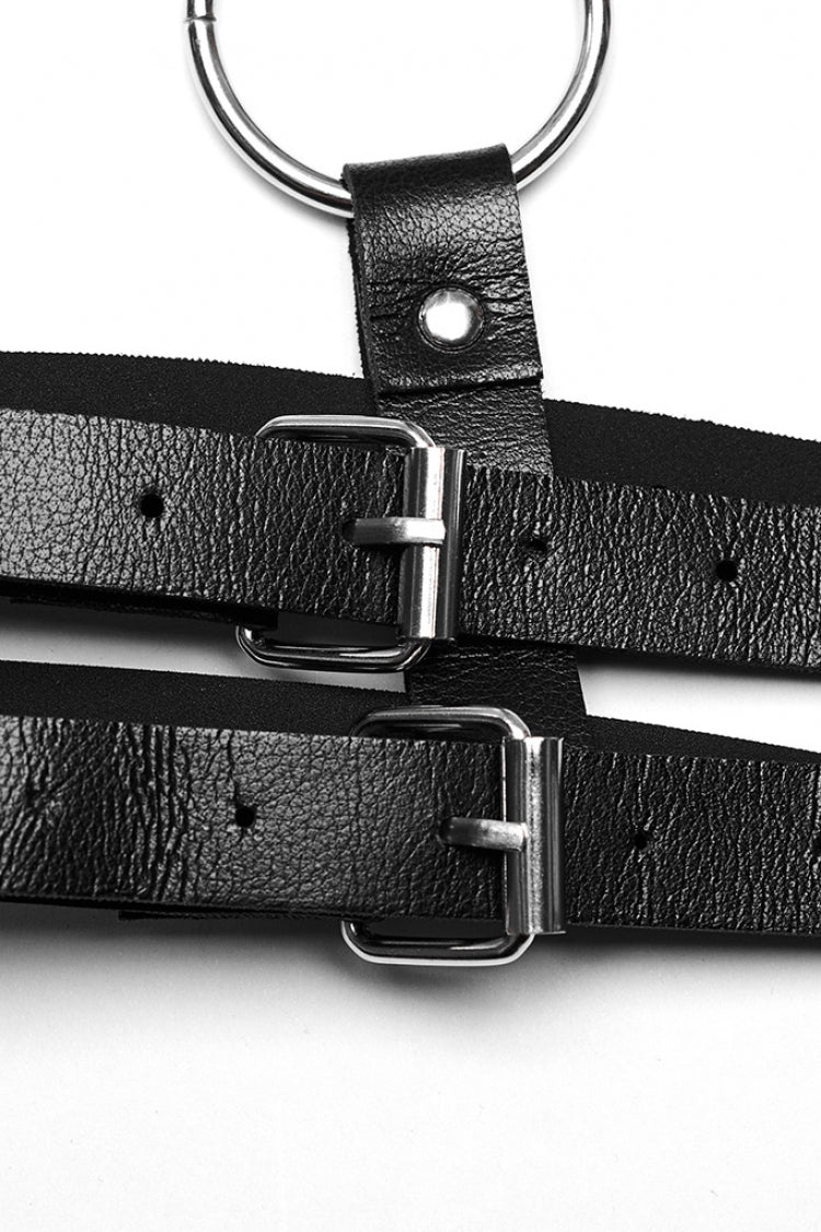 Black Adjustable Double-shoulder Faux Leather Multiple Metal Rings Women's Steampunk Harness